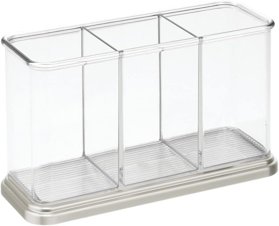 Plastic Cutlery Utensil Holder Storage Organizer Caddy for Kitchen Countertop Organization - Holds Fork, Knife, Spoon, Silverware - 3 Divided Sections - Hyde Collection - Clear/Brushed