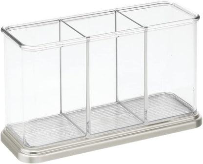 Plastic Cutlery Utensil Holder Storage Organizer Caddy for Kitchen Countertop Organization - Holds Fork, Knife, Spoon, Silverware - 3 Divided Sections - Hyde Collection - Clear/Brushed