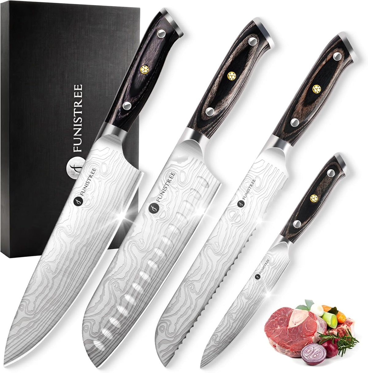 4 Pieces Professional Kitchen Knife Set, Damascus German Stainless Steel Chef Knife Set, 8" Chef Knife, 5" Utility Knife, 8" Bread Knife, 7" Santoku Knife, Gift for Men Women 20 cm