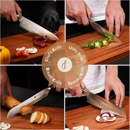 4 Pieces Professional Kitchen Knife Set, Damascus German Stainless Steel Chef Knife Set, 8" Chef Knife, 5" Utility Knife, 8" Bread Knife, 7" Santoku Knife, Gift for Men Women 20 cm