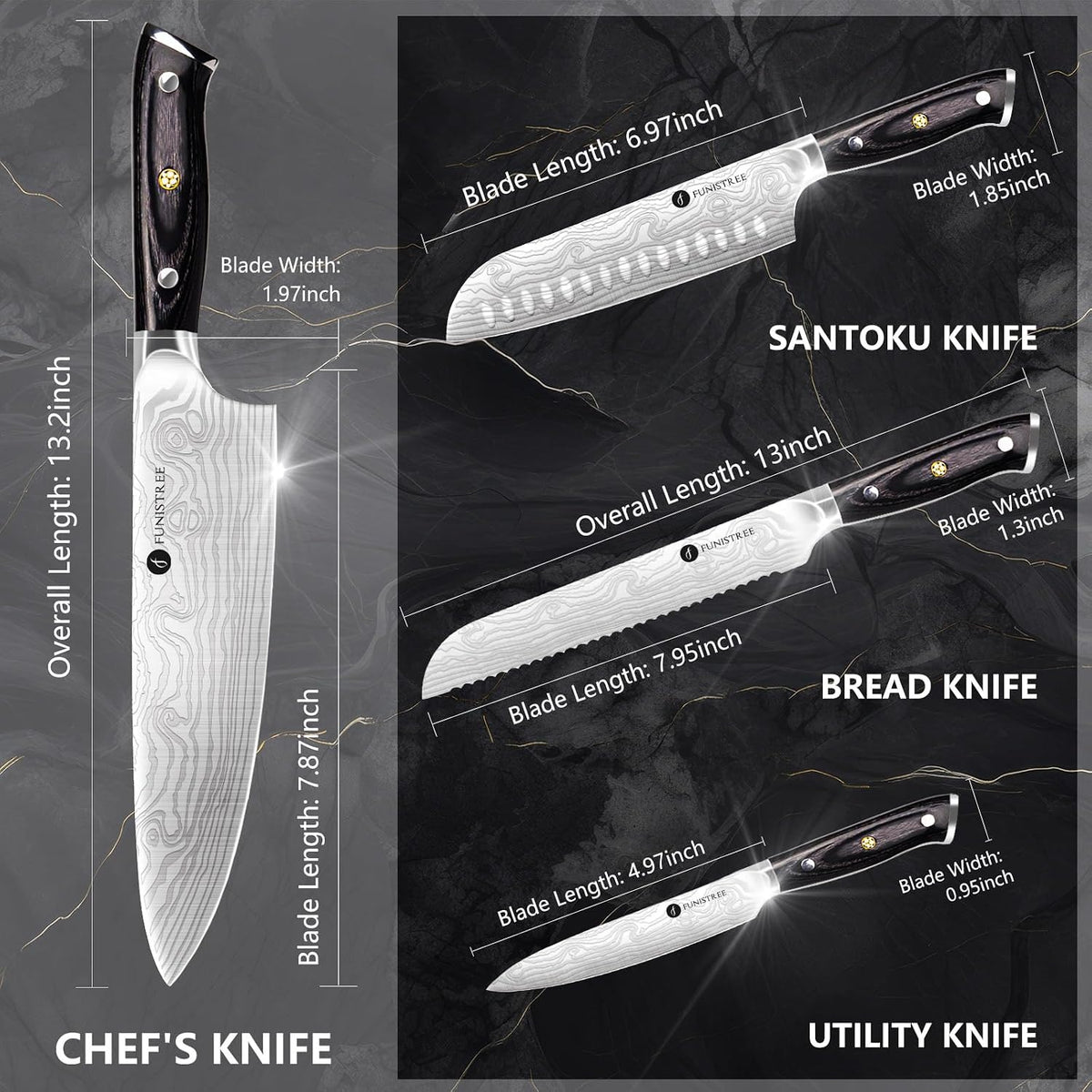 4 Pieces Professional Kitchen Knife Set, Damascus German Stainless Steel Chef Knife Set, 8" Chef Knife, 5" Utility Knife, 8" Bread Knife, 7" Santoku Knife, Gift for Men Women 20 cm