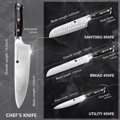 4 Pieces Professional Kitchen Knife Set, Damascus German Stainless Steel Chef Knife Set, 8" Chef Knife, 5" Utility Knife, 8" Bread Knife, 7" Santoku Knife, Gift for Men Women 20 cm