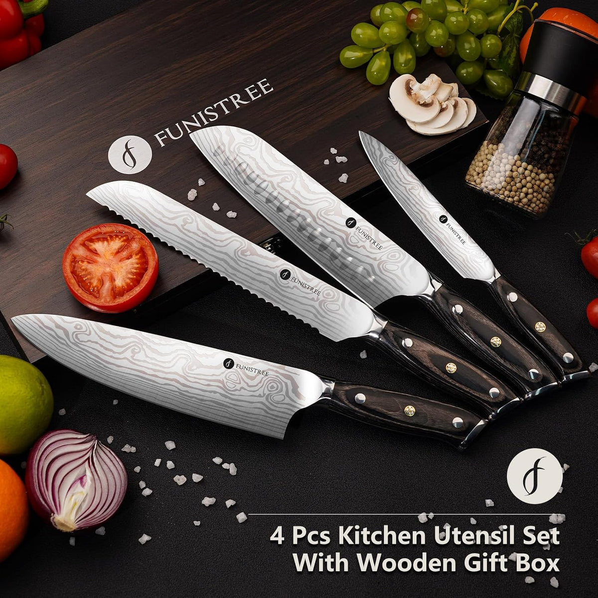4 Pieces Professional Kitchen Knife Set, Damascus German Stainless Steel Chef Knife Set, 8" Chef Knife, 5" Utility Knife, 8" Bread Knife, 7" Santoku Knife, Gift for Men Women 20 cm