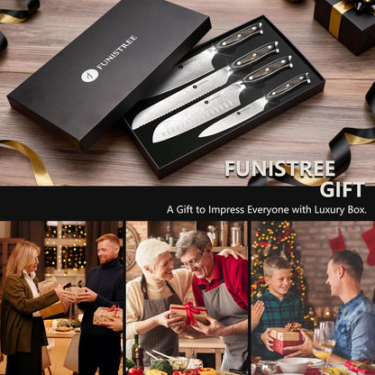 4 Pieces Professional Kitchen Knife Set, Damascus German Stainless Steel Chef Knife Set, 8" Chef Knife, 5" Utility Knife, 8" Bread Knife, 7" Santoku Knife, Gift for Men Women 20 cm