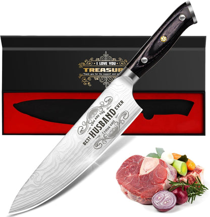 4 Pieces Professional Kitchen Knife Set, Damascus German Stainless Steel Chef Knife Set, 8" Chef Knife, 5" Utility Knife, 8" Bread Knife, 7" Santoku Knife, Gift for Men Women 20 cm