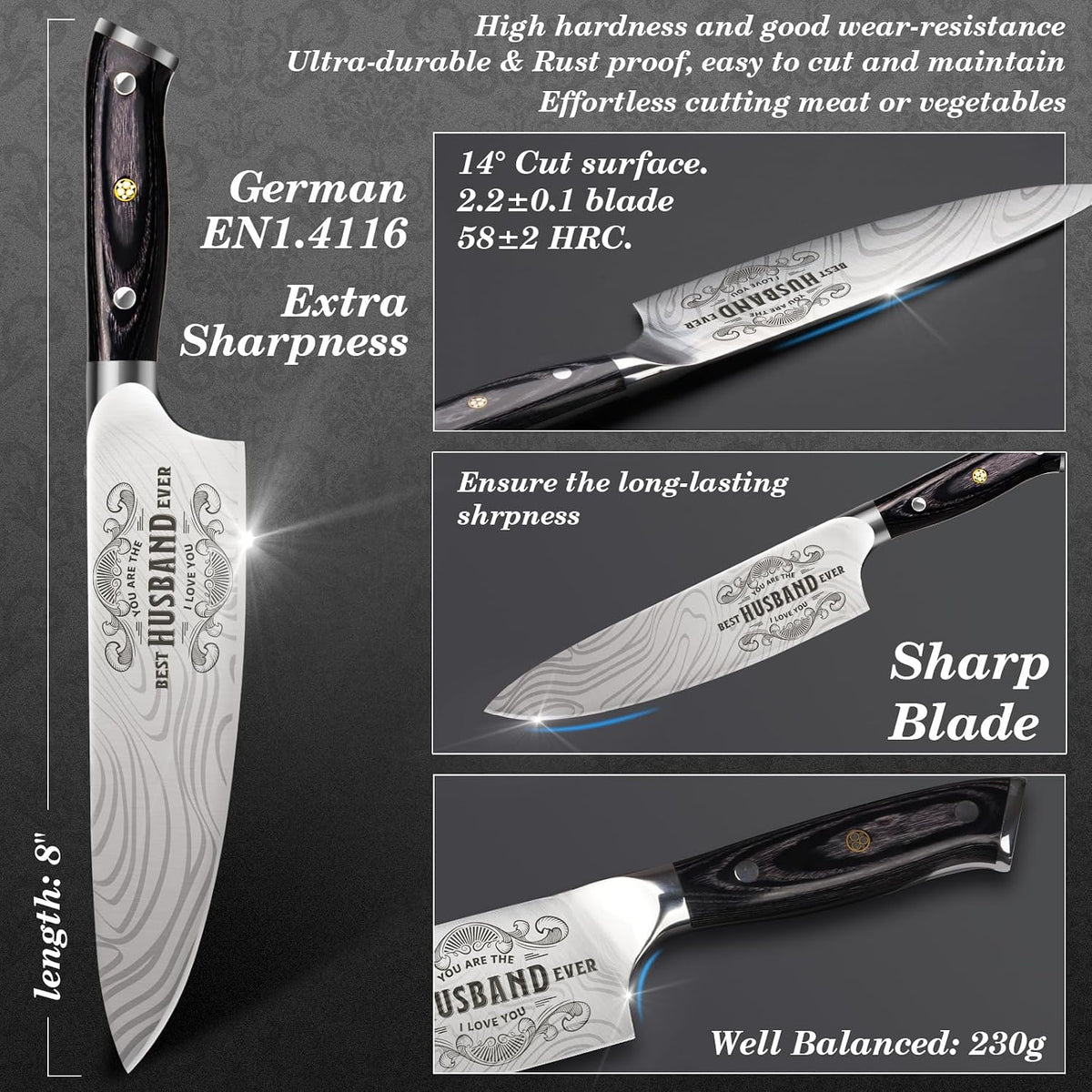 4 Pieces Professional Kitchen Knife Set, Damascus German Stainless Steel Chef Knife Set, 8" Chef Knife, 5" Utility Knife, 8" Bread Knife, 7" Santoku Knife, Gift for Men Women 20 cm