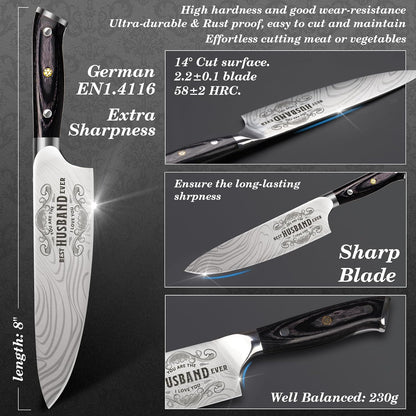 4 Pieces Professional Kitchen Knife Set, Damascus German Stainless Steel Chef Knife Set, 8" Chef Knife, 5" Utility Knife, 8" Bread Knife, 7" Santoku Knife, Gift for Men Women 20 cm