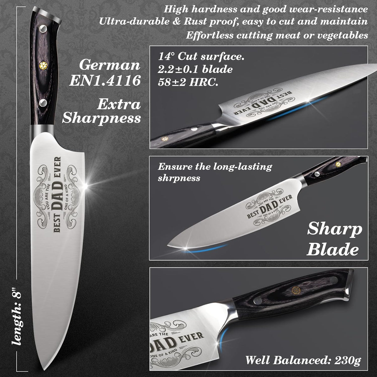 4 Pieces Professional Kitchen Knife Set, Damascus German Stainless Steel Chef Knife Set, 8" Chef Knife, 5" Utility Knife, 8" Bread Knife, 7" Santoku Knife, Gift for Men Women 20 cm