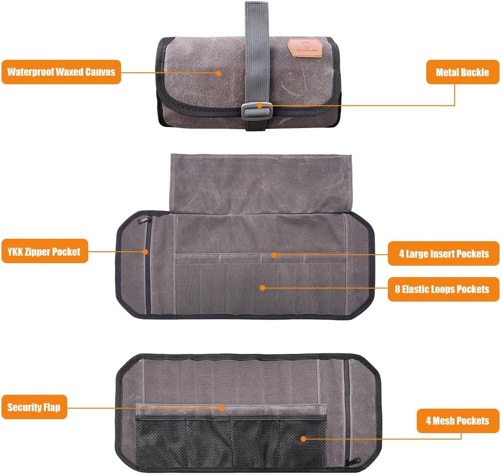 Pioneer Mini Tool Roll Bag for Men, Multitool Pouch Waxed Canvas Mini Tool Roll Bag for EDC Gear Tools Knives Survival Kits, EDC Organizer Pouch, Tool Organizer