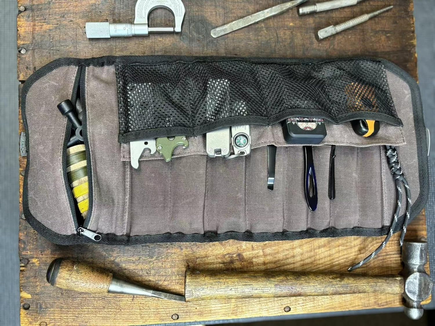 Pioneer Mini Tool Roll Bag for Men, Multitool Pouch Waxed Canvas Mini Tool Roll Bag for EDC Gear Tools Knives Survival Kits, EDC Organizer Pouch, Tool Organizer