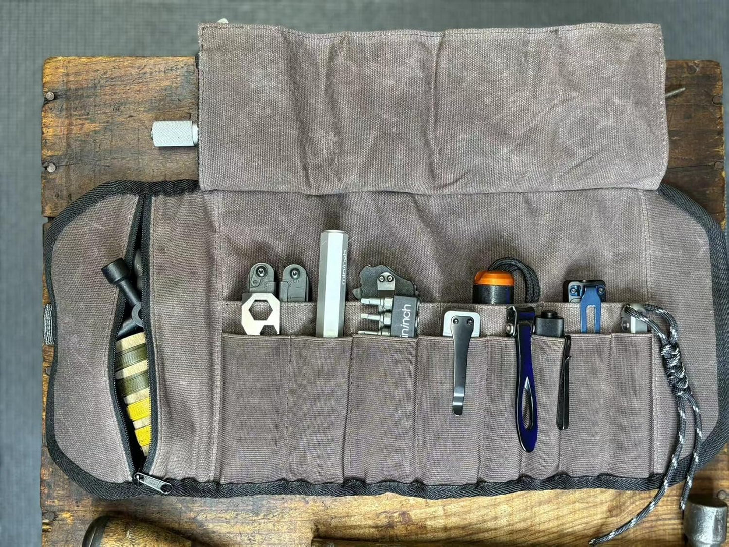 Pioneer Mini Tool Roll Bag for Men, Multitool Pouch Waxed Canvas Mini Tool Roll Bag for EDC Gear Tools Knives Survival Kits, EDC Organizer Pouch, Tool Organizer