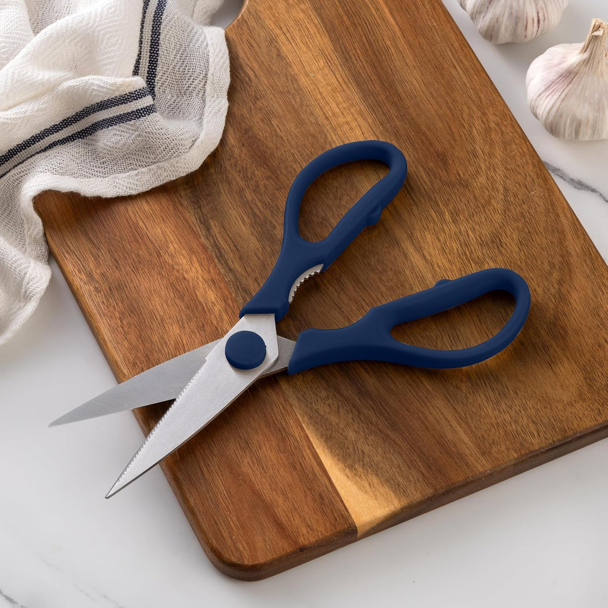 Kitchen Scissors- Stainless Steel Kitchen Shears, Cooking Scissors for Cutting Meat, Chicken, Herbs and Produce with Blade Cover and Soft Grip Handles (Blue)
