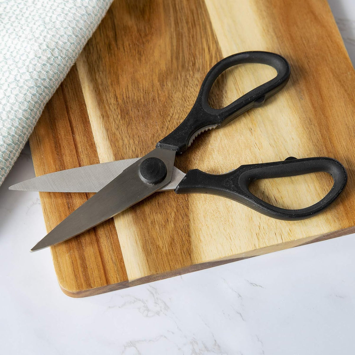 Kitchen Scissors- Stainless Steel Kitchen Shears, Cooking Scissors for Cutting Meat, Chicken, Herbs and Produce with Blade Cover and Soft Grip Handles (Blue)