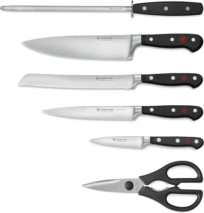 WÜSTHOF Classic Seven Piece Knife Block Set | 7-Piece German Knife Set | Precision Forged High Carbon Stainless Steel Kitchen Knife Set with 15 Slot Wood Block – Model 7417