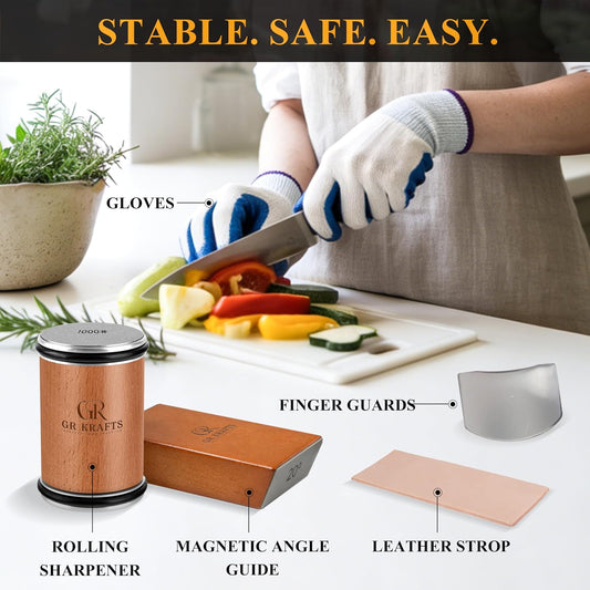 Rolling Knife Sharpener Kit with 1000 & 3000 Grit Discs, Magnetic 15°/20° Angle Guide for Kitchen Knives, Finger Protector, Leather Strop & Carry Bag