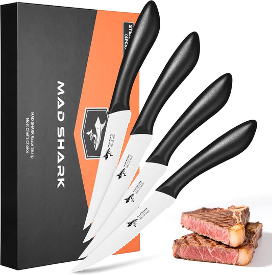 Premium Steak Knife Set of 4, 4.5-inch Serrated Knives, High Carbon German Stainless Steel, Triple Rivet Construction, Perfectly Packaged in a Gift Box (Steak Knives Set of 4)