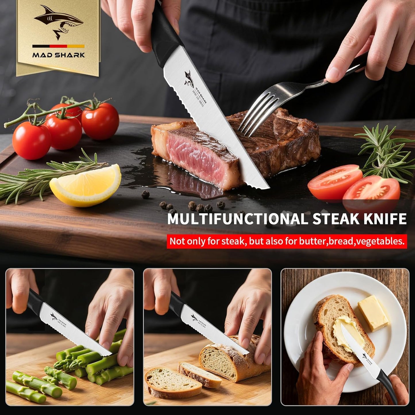 Premium Steak Knife Set of 4, 4.5-inch Serrated Knives, High Carbon German Stainless Steel, Triple Rivet Construction, Perfectly Packaged in a Gift Box (Steak Knives Set of 4)