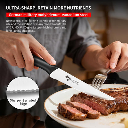 Premium Steak Knife Set of 4, 4.5-inch Serrated Knives, High Carbon German Stainless Steel, Triple Rivet Construction, Perfectly Packaged in a Gift Box (Steak Knives Set of 4)