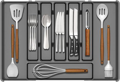 Silverware Drawer Organizer, Expandable Utensil Tray for Kitchen Drawers, BPA Free Flatware and Cutlery Holder, Adjustable Plastic Storage for Utensil like Spoons, Forks, Knives.Black