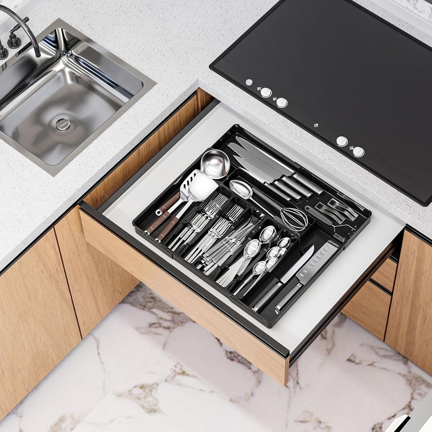 Silverware Drawer Organizer, Expandable Utensil Tray for Kitchen Drawers, BPA Free Flatware and Cutlery Holder, Adjustable Plastic Storage for Utensil like Spoons, Forks, Knives.Black