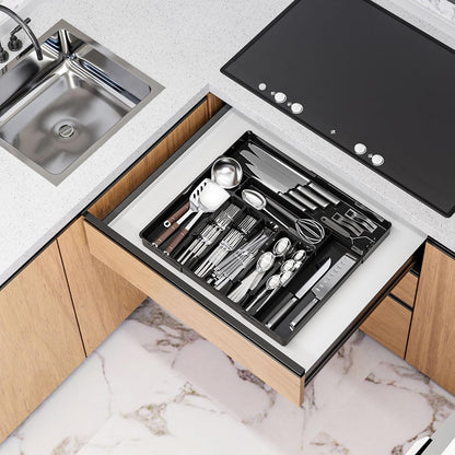 Silverware Drawer Organizer, Expandable Utensil Tray for Kitchen Drawers, BPA Free Flatware and Cutlery Holder, Adjustable Plastic Storage for Utensil like Spoons, Forks, Knives.Black