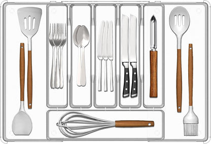 Silverware Drawer Organizer, Expandable Utensil Tray for Kitchen Drawers, BPA Free Flatware and Cutlery Holder, Adjustable Plastic Storage for Utensil like Spoons, Forks, Knives.Black