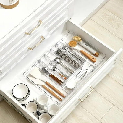 Silverware Drawer Organizer, Expandable Utensil Tray for Kitchen Drawers, BPA Free Flatware and Cutlery Holder, Adjustable Plastic Storage for Utensil like Spoons, Forks, Knives.Black
