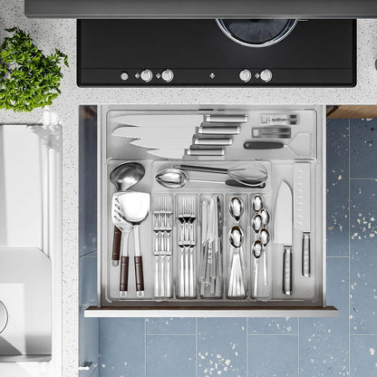 Silverware Drawer Organizer, Expandable Utensil Tray for Kitchen Drawers, BPA Free Flatware and Cutlery Holder, Adjustable Plastic Storage for Utensil like Spoons, Forks, Knives.Black