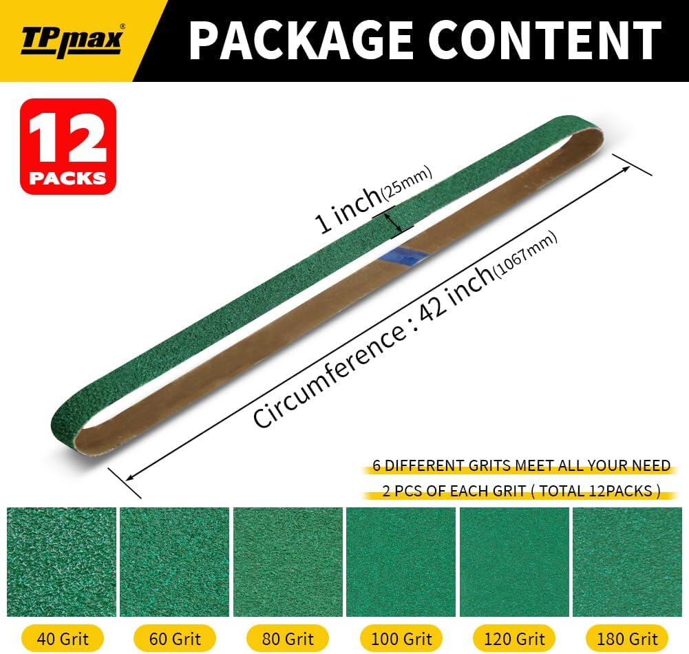 12 Pack 1 x 30 Inch Zirconia Ceramic Sanding Belts Kit – 40, 60, 80, 100, 120, 180 Grits Premium Metal Grinding Belts for Knife Sharpening, Stock Removal, and Bevel Work