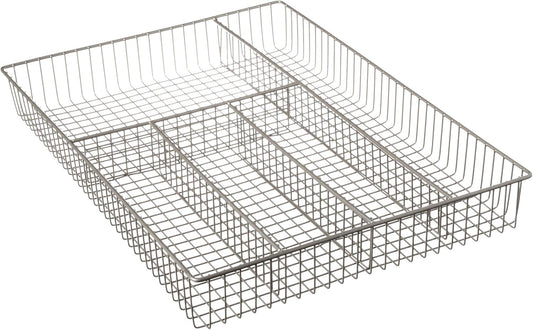 Large Wire Silverware Drawer Organizer Satin Nickel 5 Compartment Grid Utensil Holder for Flatware Cutlery Drawer Organization, 11 In Wide Metal Wire Utensil Organized Divider Tray Drawer