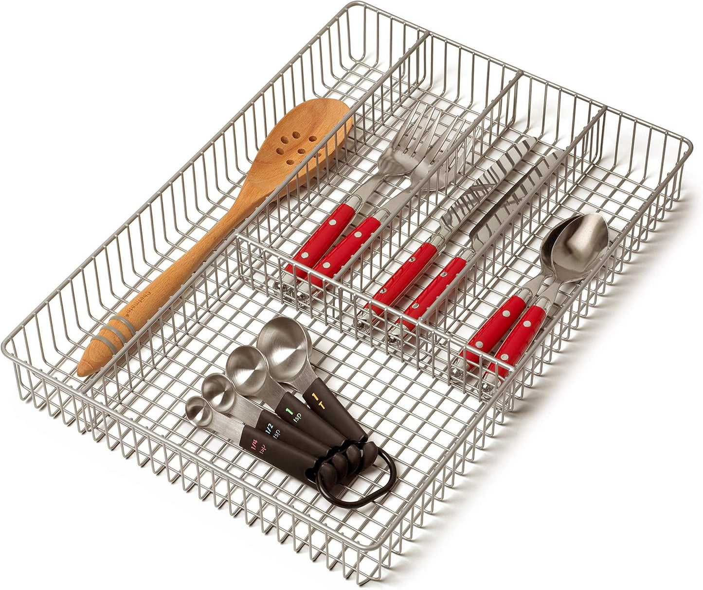 Large Wire Silverware Drawer Organizer Satin Nickel 5 Compartment Grid Utensil Holder for Flatware Cutlery Drawer Organization, 11 In Wide Metal Wire Utensil Organized Divider Tray Drawer
