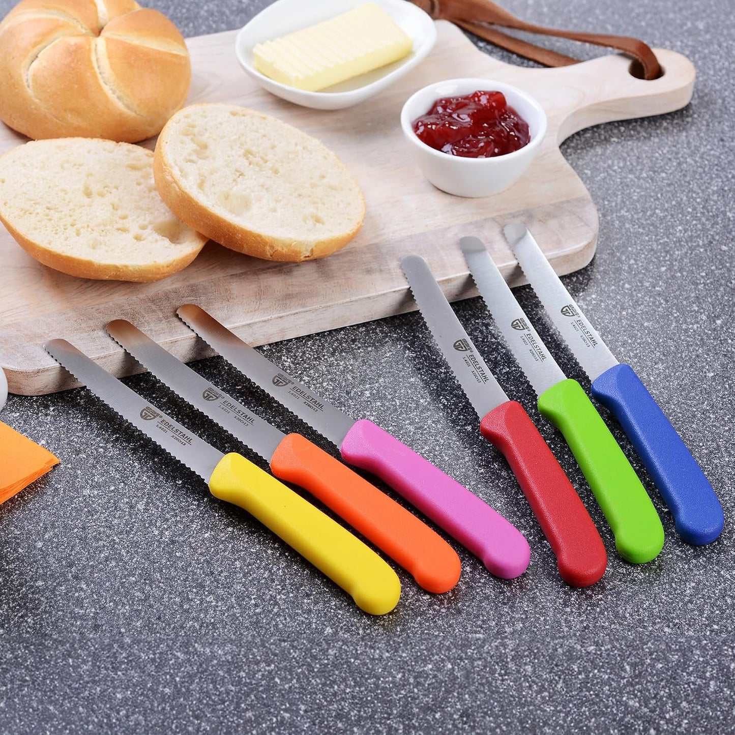 table knife 6 pieces, knife set for cutting, pack of 6 bread knives, breakfast knife with serrated edge on one side, knife 8.3 inch - Colorful