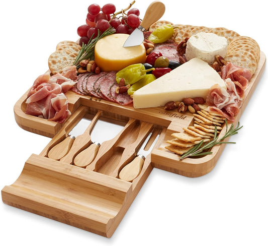 Bamboo Cheese Board and Knife Gift Set, Wooden Charcuterie Board Meat and Cheese Platter for Entertaining, Housewarming, Birthday, Wedding