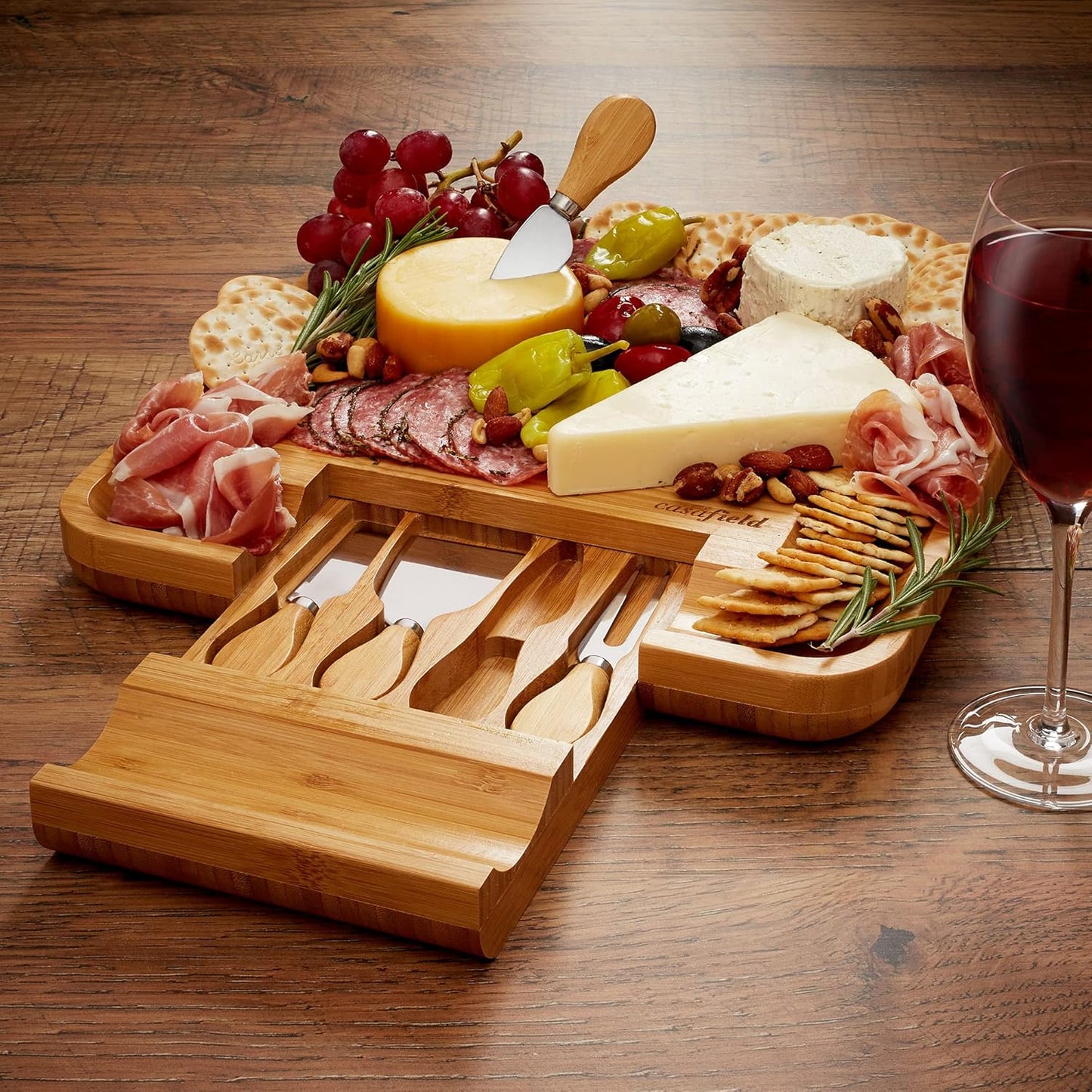Bamboo Cheese Board and Knife Gift Set, Wooden Charcuterie Board Meat and Cheese Platter for Entertaining, Housewarming, Birthday, Wedding