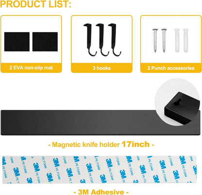 Black Magnetic Knife Strip for Refrigerator - Larger 17 inch Double Sided Stainless Steel Magnetic Kitchen Knife Holder with hooks for Wall/fridge - Strong Knife Strip Magnet/Knife Rack/Knife Bar