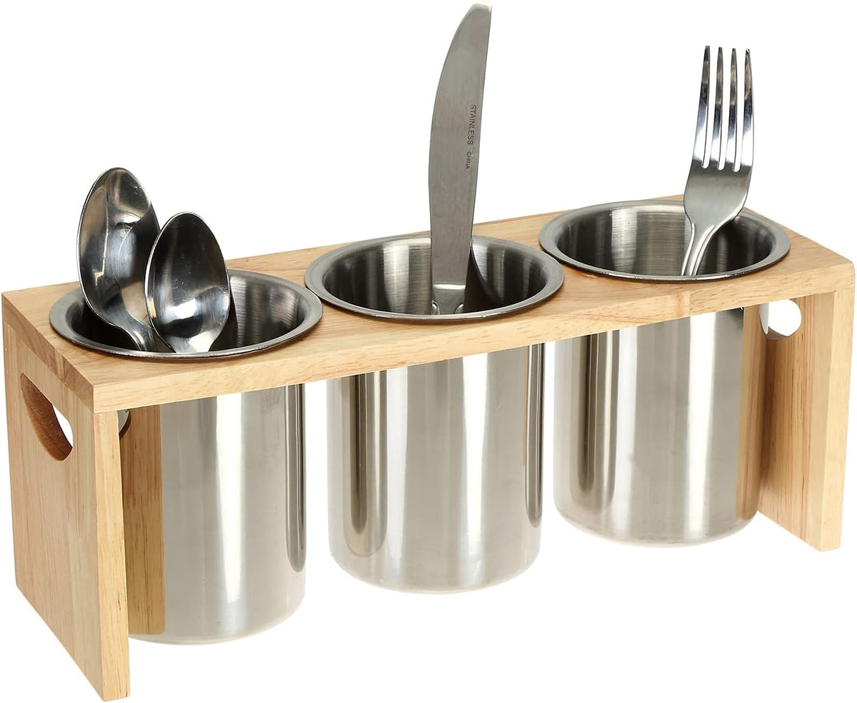 3 Pack Silverware Holder, Stainless Steel Utensil Organizer with Wood Base, Flatware Caddy for Spoons, Knives and Forks, Great for Kitchen Table, Cabinet, Pantry