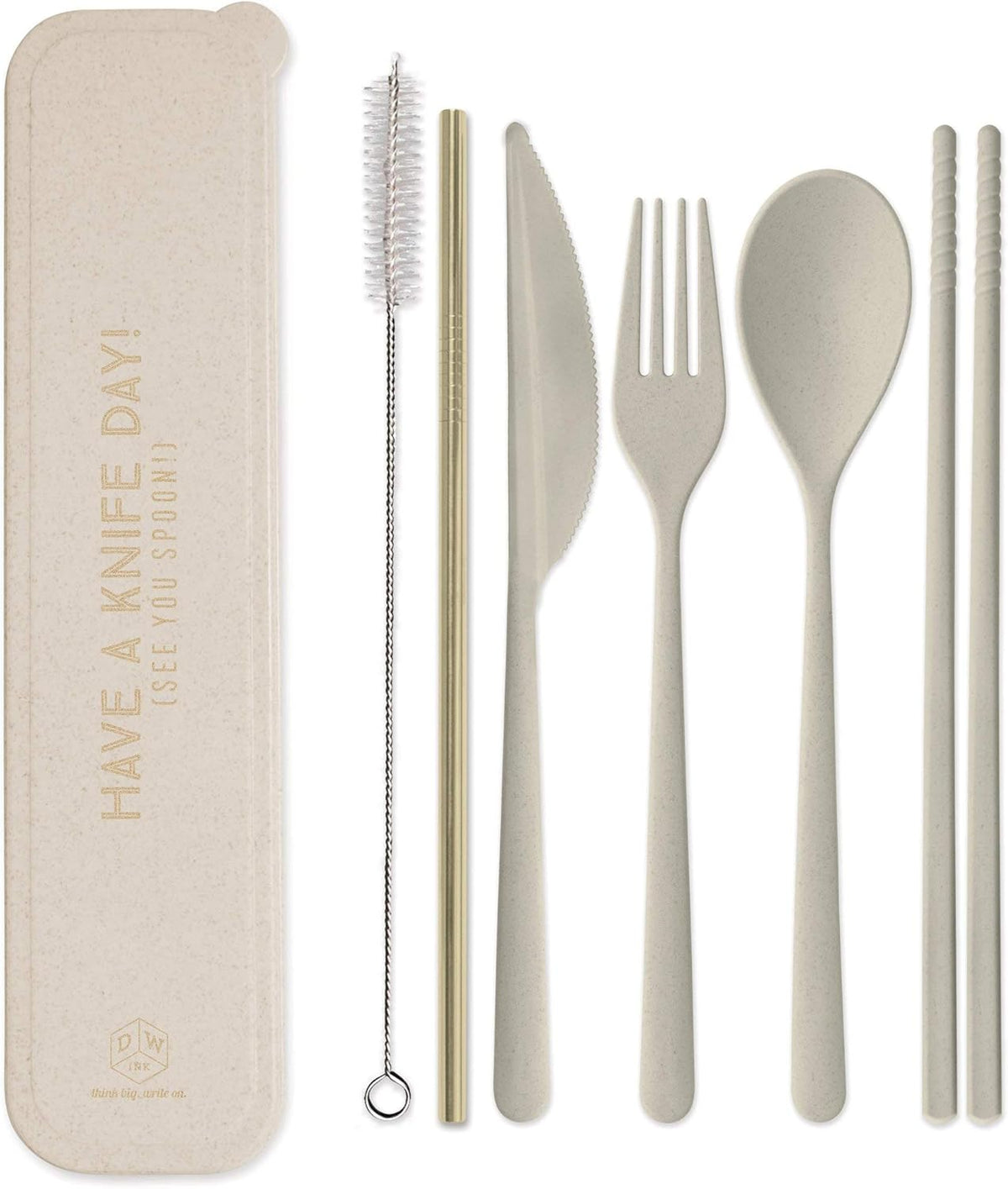 Reusable Cutlery Set Utensils for Lunch Box, 7-Piece, Forest Green - Eco Maniac Plastic Flatware with Forks, Spoon, Knife, Chopsticks, Metal Straw in Portable Travel Case
