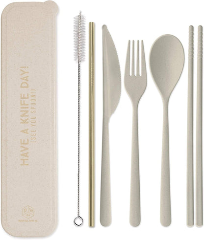 Reusable Cutlery Set Utensils for Lunch Box, 7-Piece, Forest Green - Eco Maniac Plastic Flatware with Forks, Spoon, Knife, Chopsticks, Metal Straw in Portable Travel Case