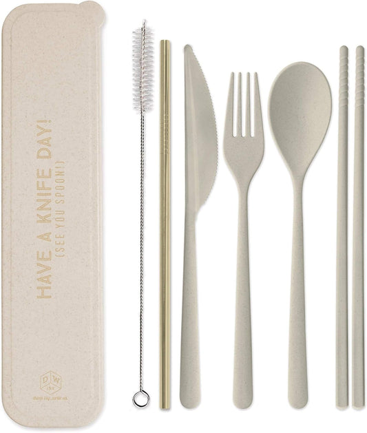 Reusable Cutlery Set Utensils for Lunch Box, 7-Piece, Forest Green - Eco Maniac Plastic Flatware with Forks, Spoon, Knife, Chopsticks, Metal Straw in Portable Travel Case