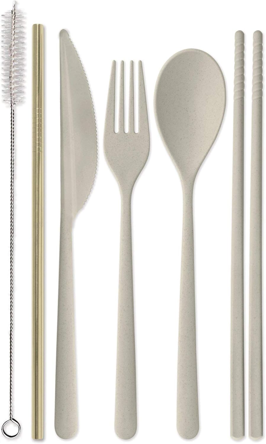 Reusable Cutlery Set Utensils for Lunch Box, 7-Piece, Forest Green - Eco Maniac Plastic Flatware with Forks, Spoon, Knife, Chopsticks, Metal Straw in Portable Travel Case