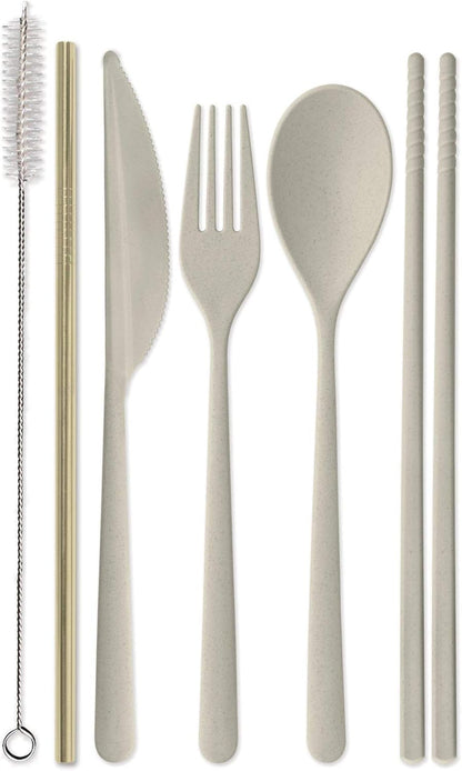 Reusable Cutlery Set Utensils for Lunch Box, 7-Piece, Forest Green - Eco Maniac Plastic Flatware with Forks, Spoon, Knife, Chopsticks, Metal Straw in Portable Travel Case