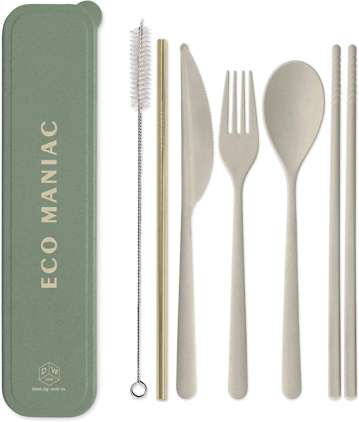 Reusable Cutlery Set Utensils for Lunch Box, 7-Piece, Forest Green - Eco Maniac Plastic Flatware with Forks, Spoon, Knife, Chopsticks, Metal Straw in Portable Travel Case