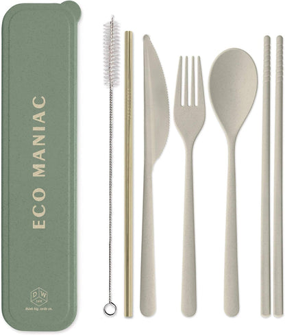 Reusable Cutlery Set Utensils for Lunch Box, 7-Piece, Forest Green - Eco Maniac Plastic Flatware with Forks, Spoon, Knife, Chopsticks, Metal Straw in Portable Travel Case