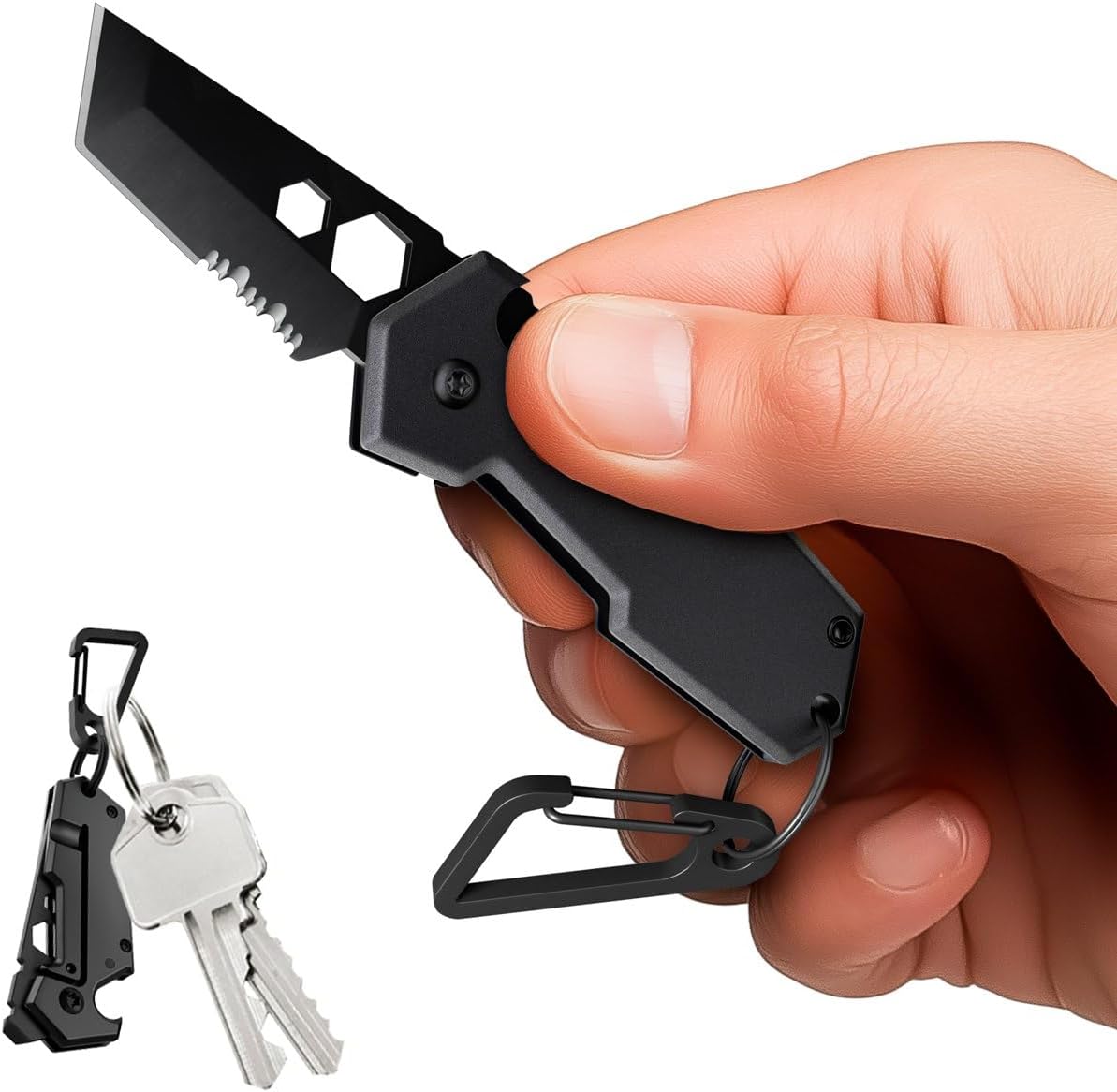 Mini Keychain Knife with Carabiner - 1.3" Tanto Serrated Blade - 6 in 1 Black Multitool - Bottle Opener Box Cutter Liner Lock - EDC Gadgets - Legal Folding Small Pocket Sashimi Knives Pocket - 2248