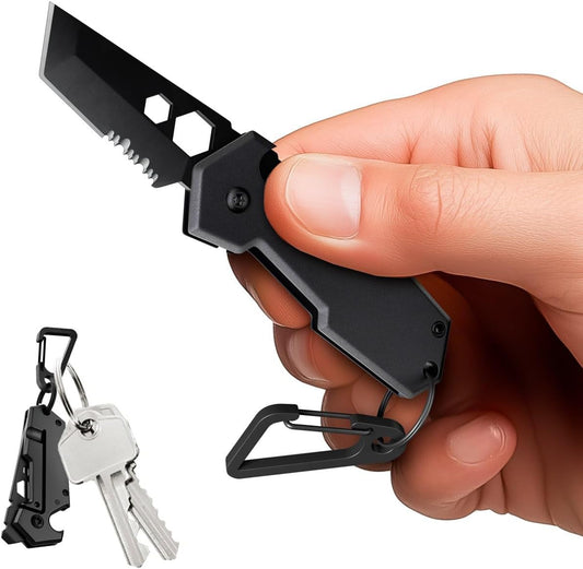 Mini Keychain Knife with Carabiner - 1.3" Tanto Serrated Blade - 6 in 1 Black Multitool - Bottle Opener Box Cutter Liner Lock - EDC Gadgets - Legal Folding Small Pocket Sashimi Knives Pocket - 2248