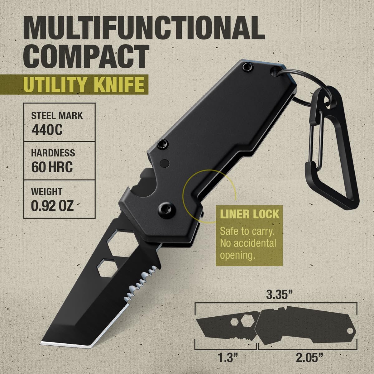 Mini Keychain Knife with Carabiner - 1.3" Tanto Serrated Blade - 6 in 1 Black Multitool - Bottle Opener Box Cutter Liner Lock - EDC Gadgets - Legal Folding Small Pocket Sashimi Knives Pocket - 2248