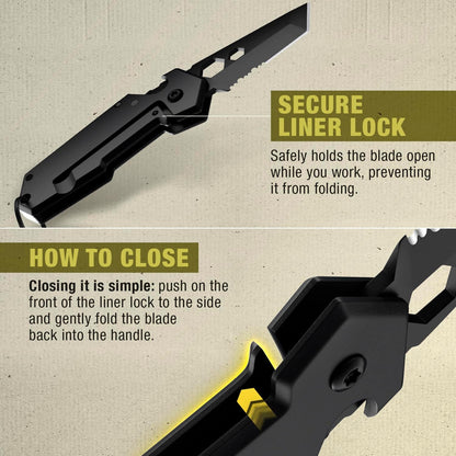 Mini Keychain Knife with Carabiner - 1.3" Tanto Serrated Blade - 6 in 1 Black Multitool - Bottle Opener Box Cutter Liner Lock - EDC Gadgets - Legal Folding Small Pocket Sashimi Knives Pocket - 2248