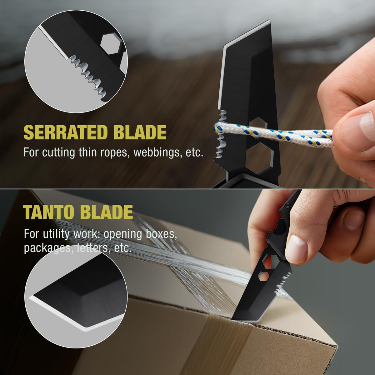 Mini Keychain Knife with Carabiner - 1.3" Tanto Serrated Blade - 6 in 1 Black Multitool - Bottle Opener Box Cutter Liner Lock - EDC Gadgets - Legal Folding Small Pocket Sashimi Knives Pocket - 2248