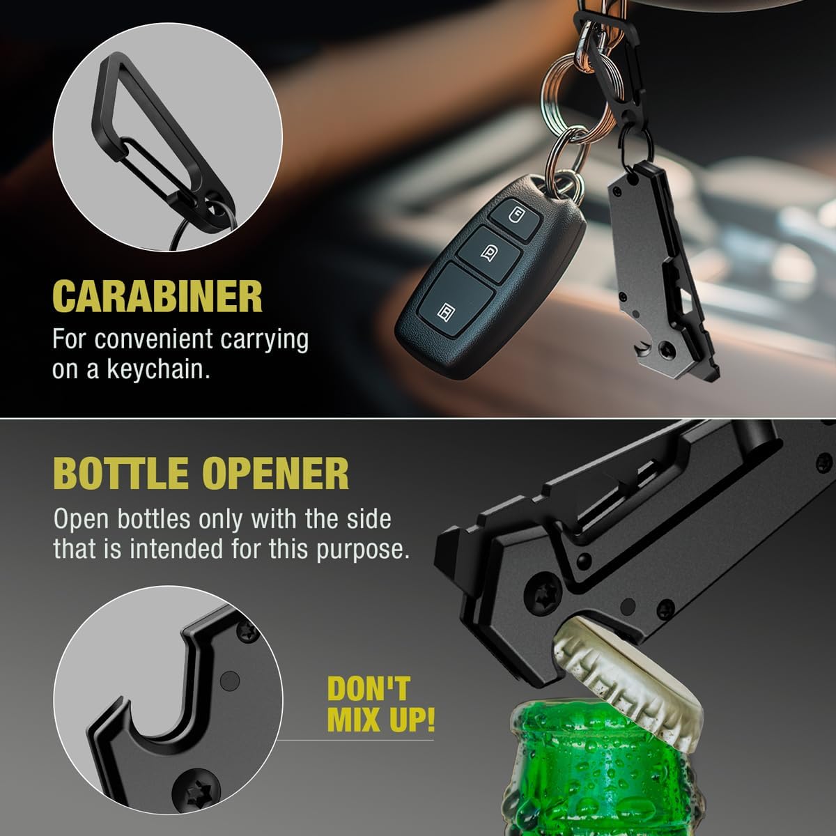 Mini Keychain Knife with Carabiner - 1.3" Tanto Serrated Blade - 6 in 1 Black Multitool - Bottle Opener Box Cutter Liner Lock - EDC Gadgets - Legal Folding Small Pocket Sashimi Knives Pocket - 2248