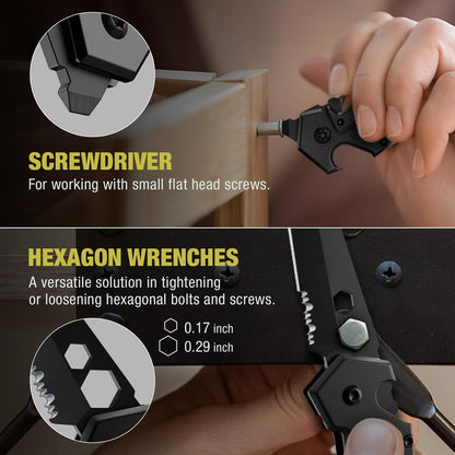 Mini Keychain Knife with Carabiner - 1.3" Tanto Serrated Blade - 6 in 1 Black Multitool - Bottle Opener Box Cutter Liner Lock - EDC Gadgets - Legal Folding Small Pocket Sashimi Knives Pocket - 2248